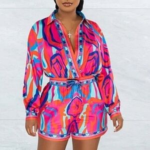 HALFHEART V-Neck Swirl Print Tie Romper EUC
